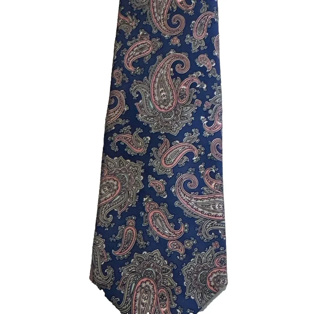 Vintage Hathaway Men's Silk Paisley Tie Navy Blue Red Grey Classic Made In USA